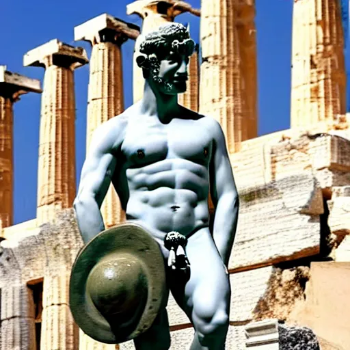 Prompt: Mario as a greek god statue, realistic photo in athens