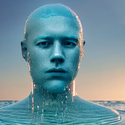 Image similar to a water sculpture in the shape of a human head, on the ocean water, water manipulation photoshop, behance, ray tracing, cinematic, in the style of johnson tsang, long shot, hyper detailed, hyper realistic, 8 k resolution, sharp focus, realistic water, award winning