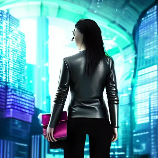 Prompt: a girl wearing a handbag from the future, cyberpunk background, highly detailed, epic lighting, 8 k