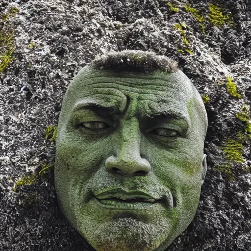 Image similar to a grey mossy rock with the face of dwayne johnson, shot on iphone 1