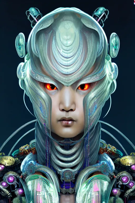 Image similar to asura from chinese myth, ghost, gorgeous and huge head ornaments, dystopian, cyberpunk, organic fractal mycelum and fungi, mecha, halfturn portrait of a big crystal face made of crystals half - turn, ominous, intricate, studio, art by anthony macbain + greg rutkowski + alphonse mucha, concept art, 4 k, sharp focus