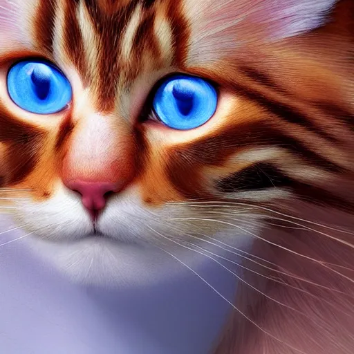 Image similar to orange norwegian forest cat, cuddly fur, pixar cute, blue eyes, highly detailed, sharp focus, digital painting, artwork by Victor Adame Minguez + Yuumei + Tom Lovell + Sandro Botticelli