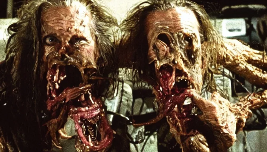 Image similar to a disgusting vile monster eating a man from The Thing, by Cronenberg and greg nicotero