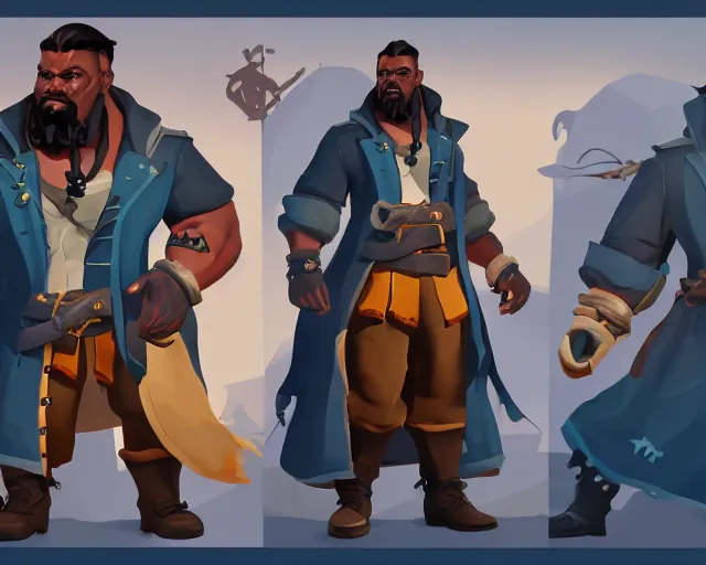 Image similar to sea of thieves character portrait concept art for a huge hulking muscular african american man wearing a blue jacket shirt pants and boots with a pegleg, cgsociety, trending on artstation, rare ltd,