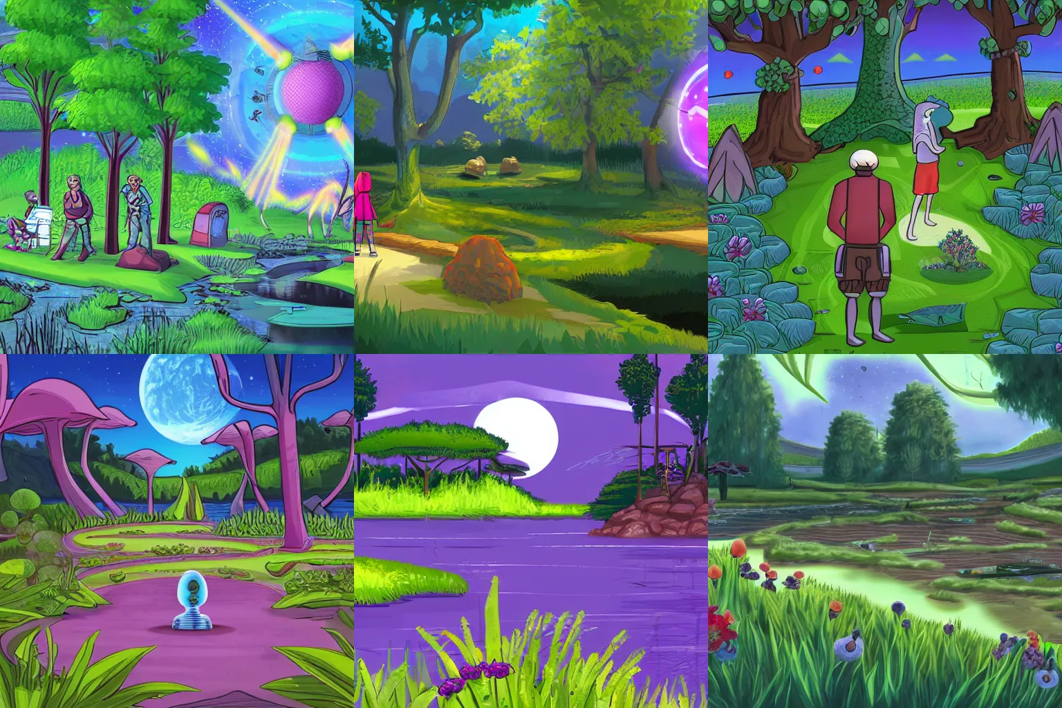 Prompt: in a park and next to a lake, in a small town on an alien planet, with strange alien plants and flowers, from a space themed Serria point and click 2D graphic adventure game, made in 2019, high quality, digital art
