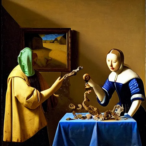 Image similar to Oil painting of an artificial intelligence examining an ammonite fossil in the style of The Astronomer by Johannes Vermeer, 1666, highly detailed