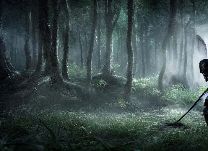 Image similar to knight fights off a crystal clear spider in a forest. highly detailed 8 k. intricate. lifelike. soft light. fantasy horror style. cinematic post - processing