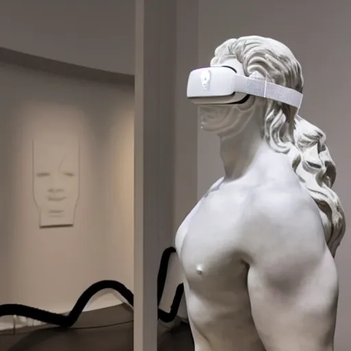 Image similar to a greek white marble statue wearing a vr headset displayed in a museum