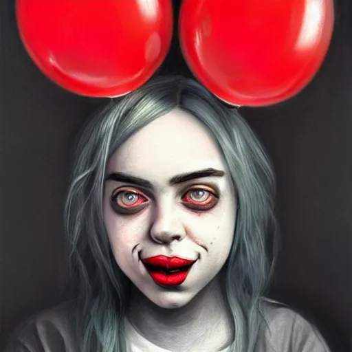 Prompt: surrealism grunge cartoon portrait sketch of billie eilish with a wide smile and a red balloon by - michael karcz, loony toons style, clown style, horror theme, detailed, elegant, intricate