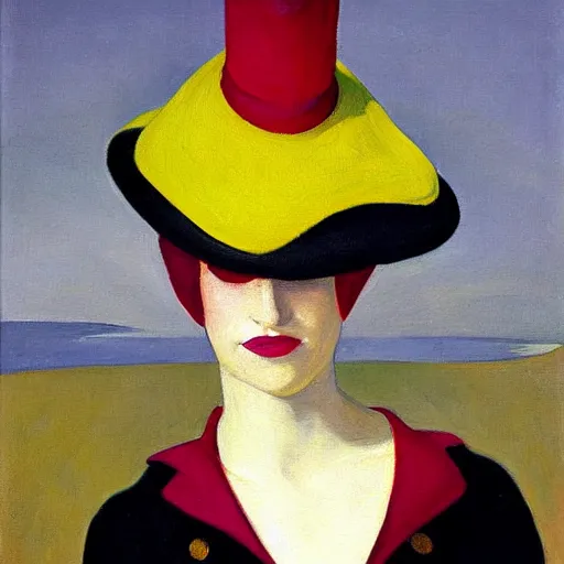 Prompt: an oil painting shows a woman in a yellow hat and coat, an art deco painting by edward hopper, deviantart, remodernism, fauvism, pre - raphaelite, surrealist