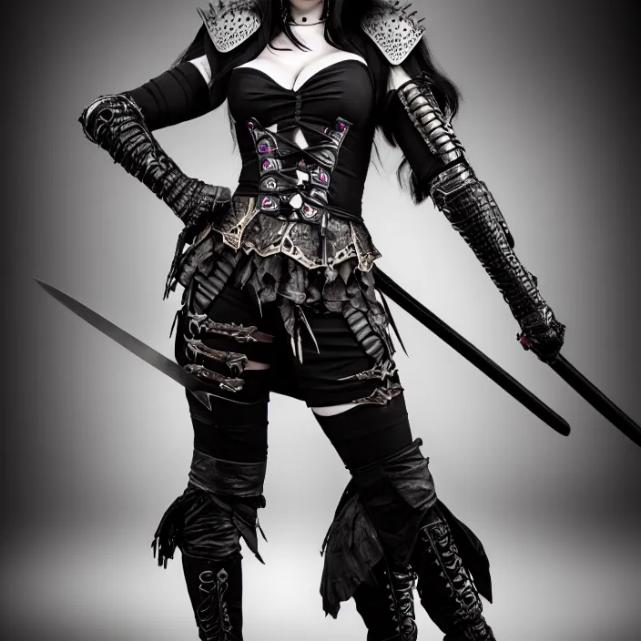 Image similar to professional full length photograph of a beautiful female goth warrior. Extremely detailed. 8k