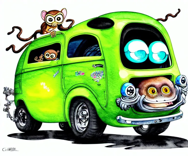 Prompt: cute and funny, tarsier driving a tiny hot rod van with an oversized engine, ratfink style by ed roth, centered award winning watercolor pen illustration, isometric illustration by chihiro iwasaki, edited by craola, tiny details by artgerm and watercolor girl, symmetrically isometrically centered