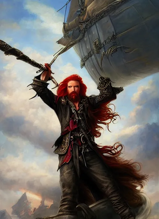 Prompt: epic fantasy portrait painting of a long haired, red headed male sky - pirate in front of an airship in the style of eve ventrue