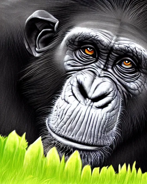 Image similar to very detailed high resolution illustration portrait of a chimpanzee, rolling green hills, 3 d, 8 k, extremely detailed, artstation