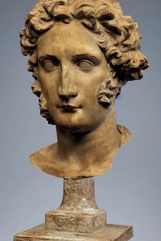 Image similar to a beautiful sculpture of a greek bust of apollon by jean - baptiste carpeaux and christophe charbonnel, rust and plaster materials