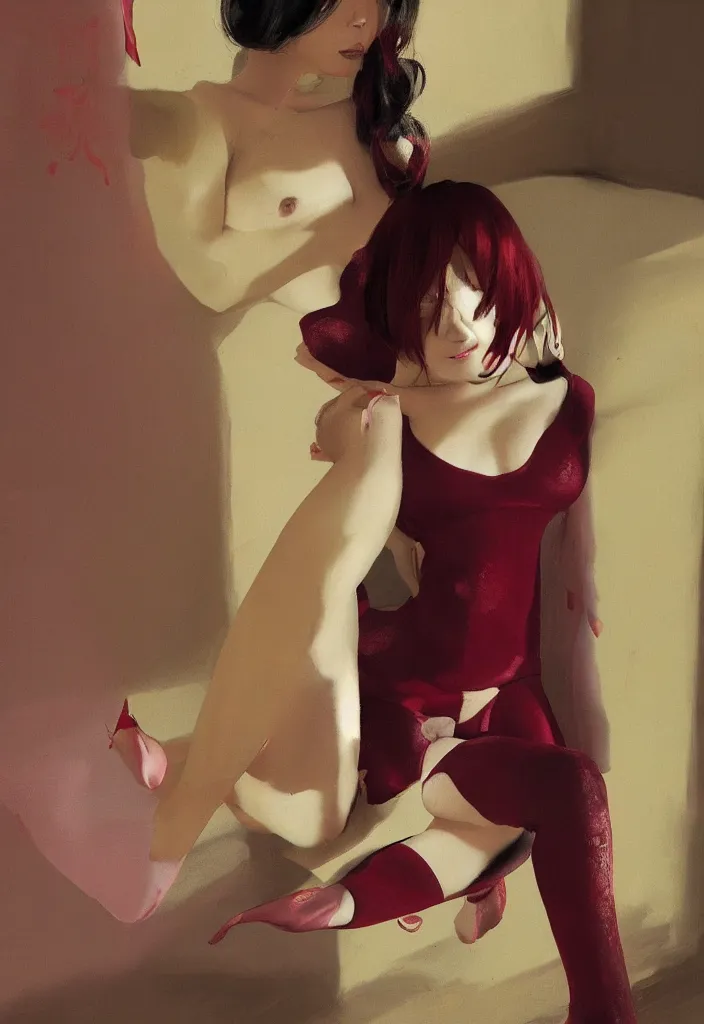 Image similar to gorgeous famous asian japanese girl dropping the shadow of her desires on the wall of empty house, melting merging bodies, beds of escape of loneliness, burgundy and maroon oil dripping, stockings, a light shining from a window creating dreams, style of James Jean, Edward Hopper, Francis Bacon, colors of Mark Rothko, Frank Auerbach, trending on artstation, Greg Rutkowski, dark atmosphere