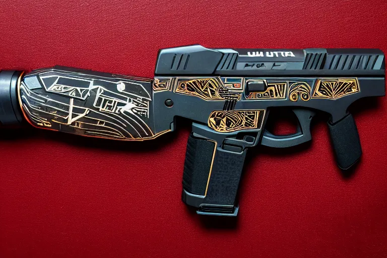 Image similar to cyberpunk ultra high tech pistol with cat engraving, sci - fi, blade runner, cyberpunk, high tech, futurism, exoskeleton, symmetry, cinematic, elegant, luxury, perfect light, perfect composition, dlsr photography, sharp focus, 8 k, ultra hd, sense of awe, highly detailed, realistic, intricate, weapon journal cover