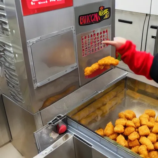 Prompt: a machine that produces an unlimited stream of chicken nuggets that fill up the room, the floor is covered in chicken nuggets