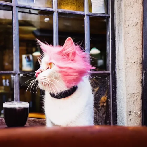 Image similar to cat with pink hair sitting in a bar smoking all alone