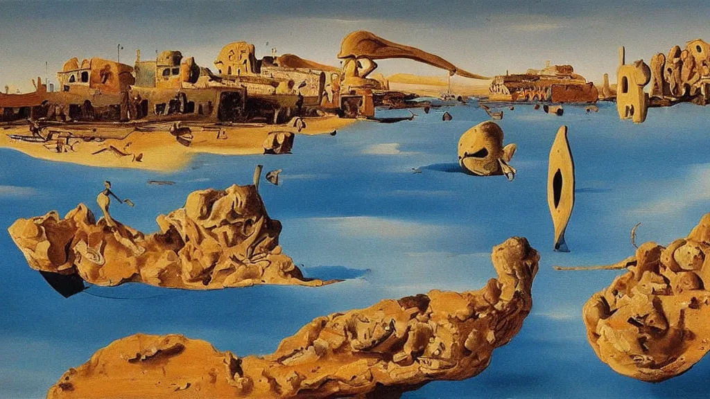 Image similar to High-Quality surrealist painting of Empuries, peaceful, very detailed, oil painting by Salvador Dalí.