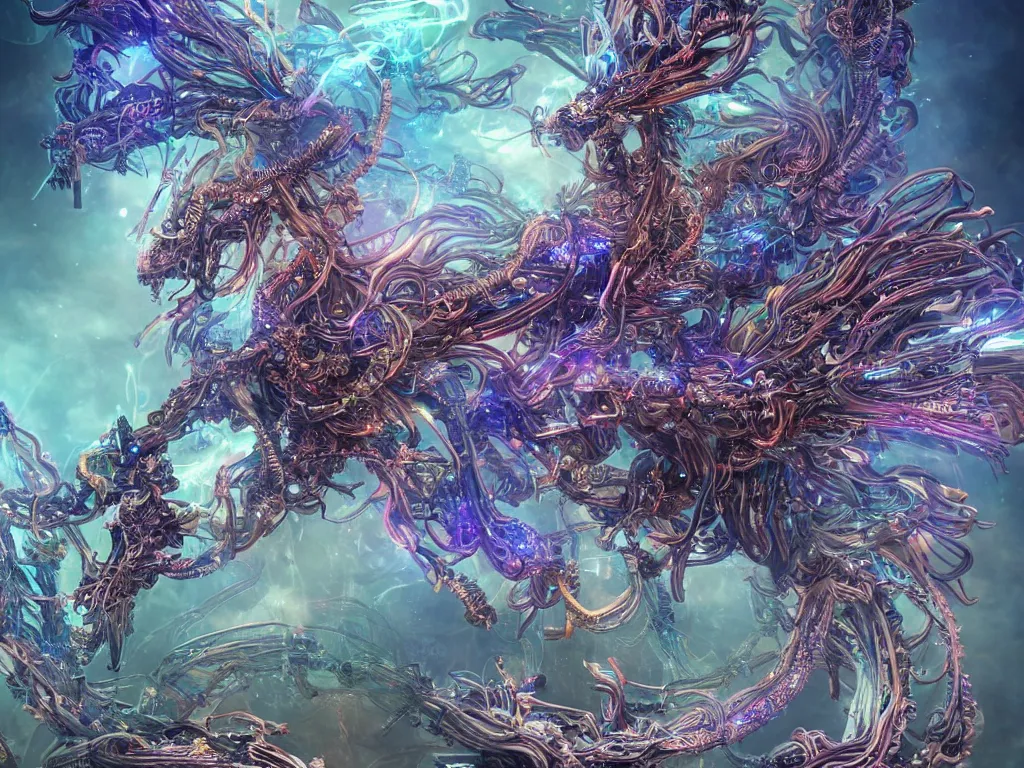 Prompt: a visionary 8 k cg render with hundreds intricate incense smoke modular synthesizer robot chinese dragons growing on a fantasy pegasus made of feathers and complex interweaving tentacles, plants and intricate mechanical parts, complex wrapping bio - mech fiber optic cables with particles, beautiful glowing tech volumetric lighting, # cgsociety, trending on artstation, soft pastel color, dof : - 1