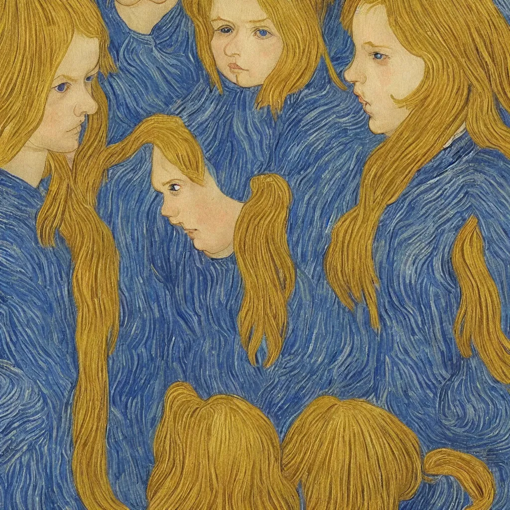 Prompt: girl blond twin by Gogh highly detailed only two girl is in this painting