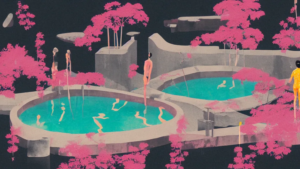 Prompt: japan natural hot spring, a collage painting, in the style of wes anderson, lola dupre, david hockney, isolated on negative white space background dark monochrome neon spraypaint accents volumetric octane render