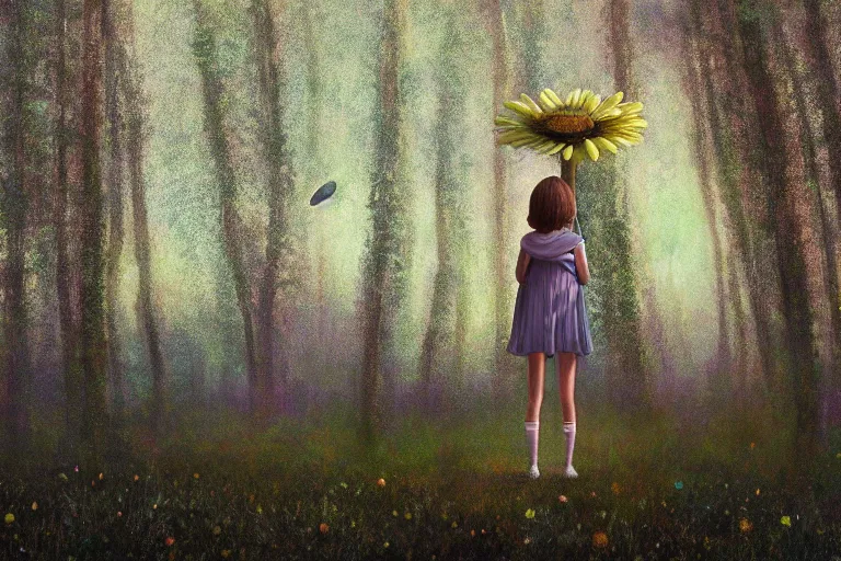 Prompt: giant daisy flower head, girl standing in forest, surreal photography, dark night, stars, moon light, impressionist painting, clouds, digital painting, artstation, simon stalenhag
