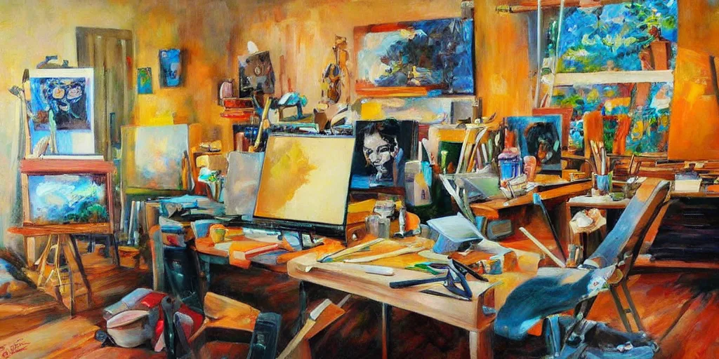 Image similar to artist painter workplace with tools and paints, art style by bryen frost