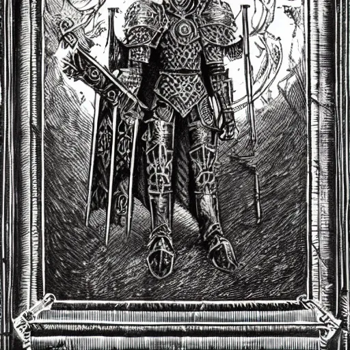 Prompt: gothic knight, intricate etched armor, standing astride a gate, in the style of terese nielsen, full color