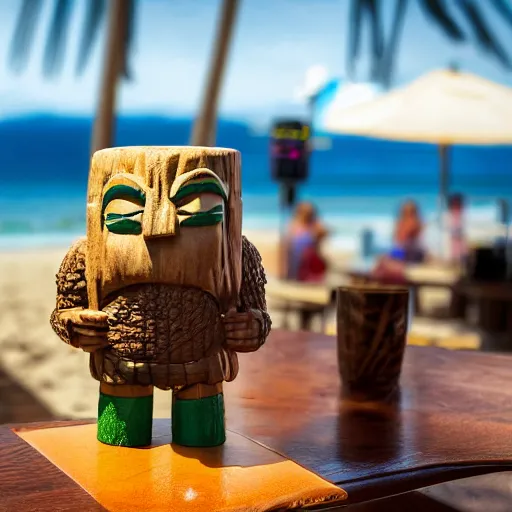 Image similar to a closeup photorealistic photograph of ben grimm's face on a tiki mug at trader vic's beach bar. fantastic four. tiki culture. bright scene. fine detail. this 4 k hd image is trending on artstation, featured on behance, well - rendered, extra crisp, features intricate detail, epic composition and the style of unreal engine.