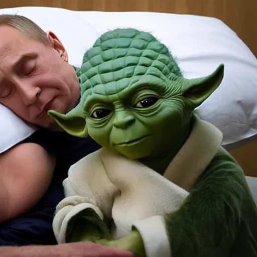 Image similar to putin sleeping in bed next to yoda