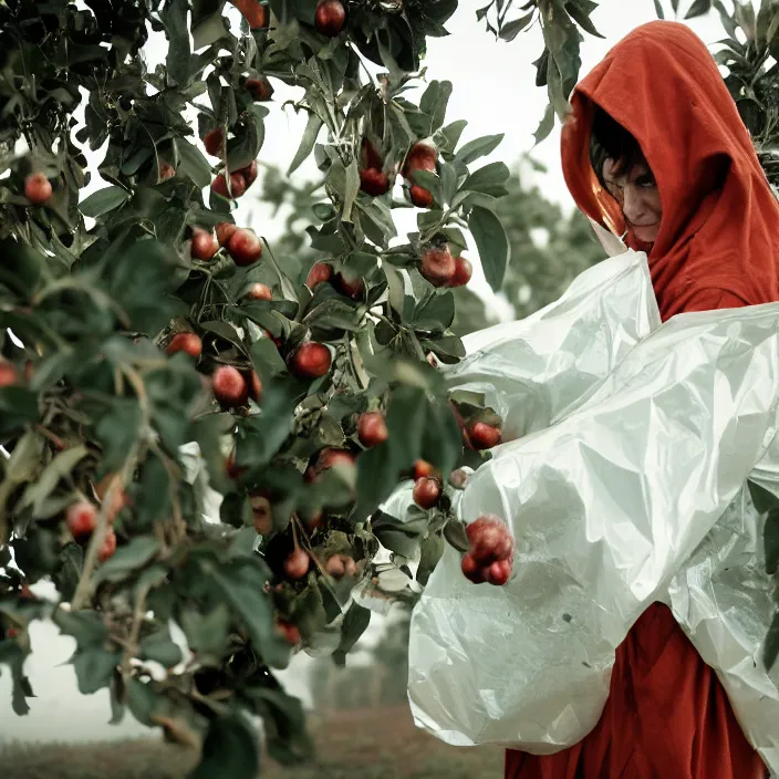 Prompt: a closeup portrait of a woman wearing a hooded cloak made of mylar and polyester, picking pomegranates from a tree in an orchard, foggy, moody, photograph, by vincent desiderio, canon eos c 3 0 0, ƒ 1. 8, 3 5 mm, 8 k, medium - format print