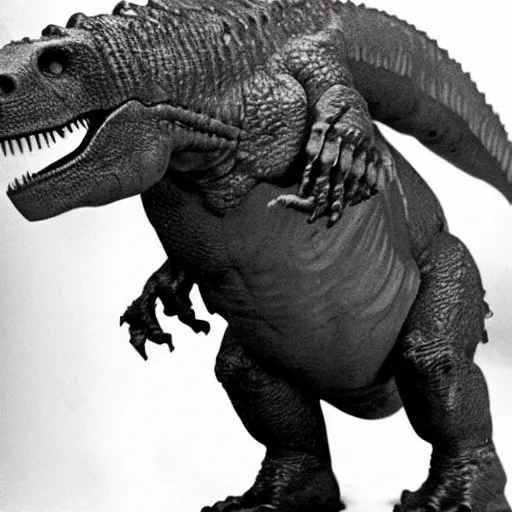 Prompt: t - rex with human arms, taken with a film camera in 1 9 3 0