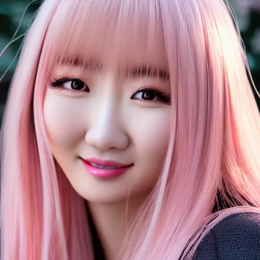Image similar to beautiful hyperrealism selfie of nikki 苏 暖 暖 from shining nikki, a cute 3 d young woman smiling softly, long light pink hair and full bangs, flushed face, red blush, small heart - shaped face, soft features, amber eyes, chinese heritage, golden hour, 8 k, sharp focus, instagram