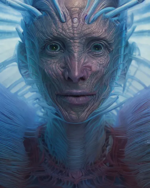 Image similar to highly detailed surreal vfx portrait of a sacred alien lifeform, stephen bliss, unreal engine, greg rutkowski, loish, rhads, beeple, makoto shinkai and lois van baarle, ilya kuvshinov, rossdraws, tom bagshaw, alphonse mucha, global illumination, detailed and intricate environment