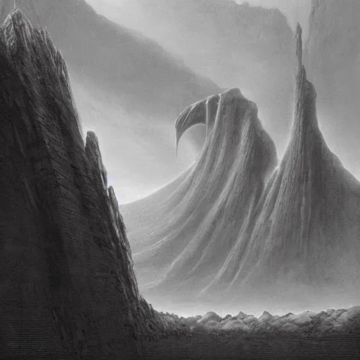 Prompt: concept art of a dark giant titan, day time, foreboding, fantasy, valley, wayne barlowe and zdzislaw beksinski