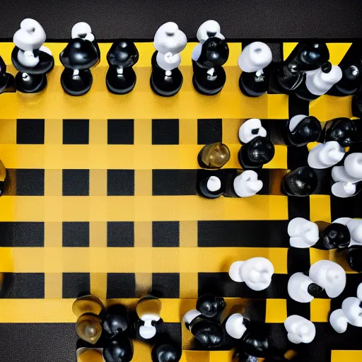 Prompt: the wu - tang clan as chess pieces on a yellow and black chessboard 8 k hyperdetailed photorealism