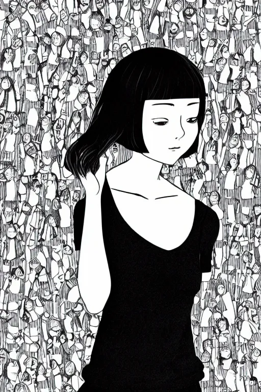 Prompt: portrait of a girl in long pants and a top, hands in pockets, eyes closed, bob haircut, digital art, black and white, illustration by junji ito