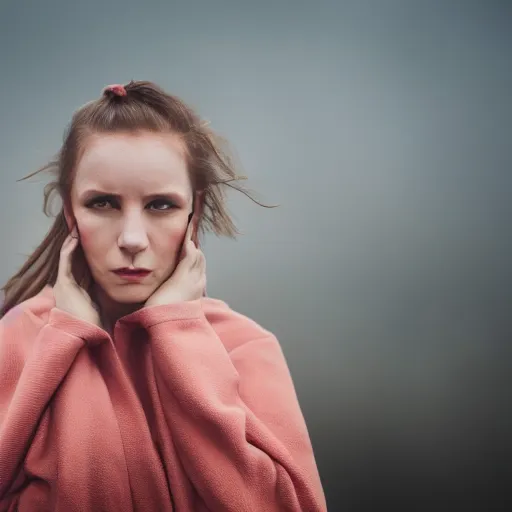 Prompt: woman with white hait in an industrial soviet city, air pollution, fog, dslr 5 0 mm portrait photo