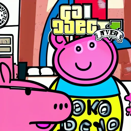 Image similar to illustration gta 5 artwork of peppa pig, in the style of gta 5 loading screen, by stephen bliss