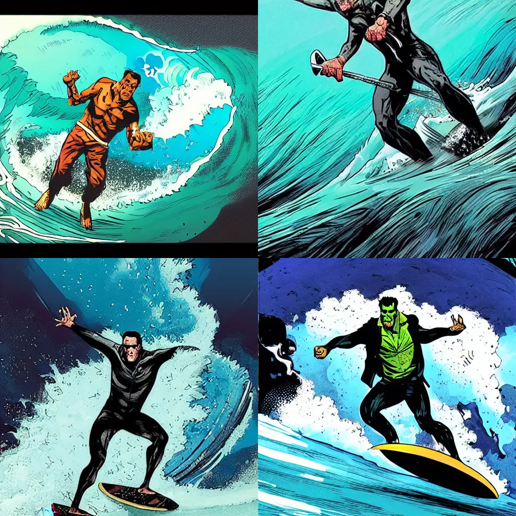 Prompt: style of Rafael Albuquerque comic art, Frankenstein wearing a Hawaiian shirt surfing big waves, fun, spooky, action surfing pose