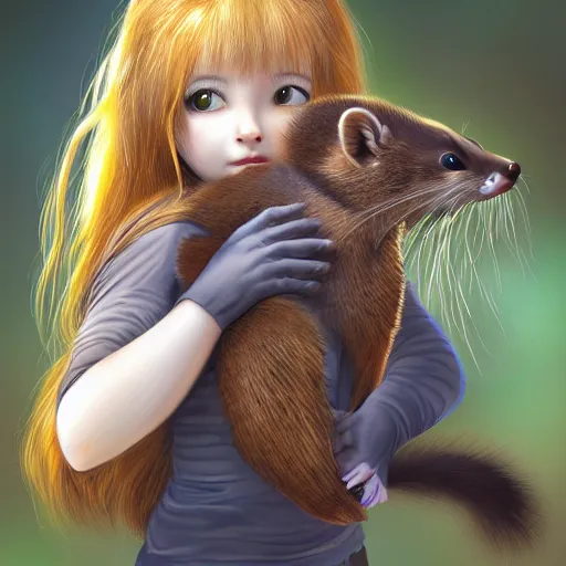 Prompt: girl holding a pine marten, digital art, by Yoshitaka Amano, trending on artstation, 4k, highly detailed