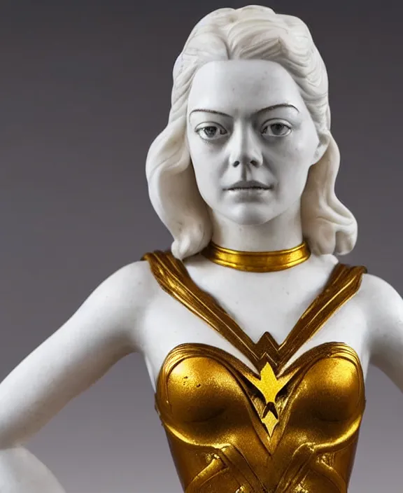 Image similar to a white art nouveau marble and gold sculptural bust of emma stone as wonder woman, wearing a superhero outfit, delicate, intricate, smooth, beautiful, by charles van der stappen