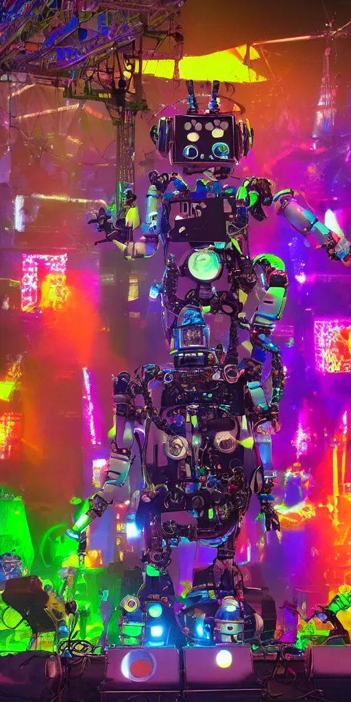 Image similar to a selfie of a happy robot in frront of an outdoor festival stage with audience, on stage is a rockband with 3 steampunk robots with guitars and drums, center of the stage is a big steampunk generator, laser show, 8 k, fluorescent colors, halluzinogenic, multicolored, exaggerated detailed, unreal engine