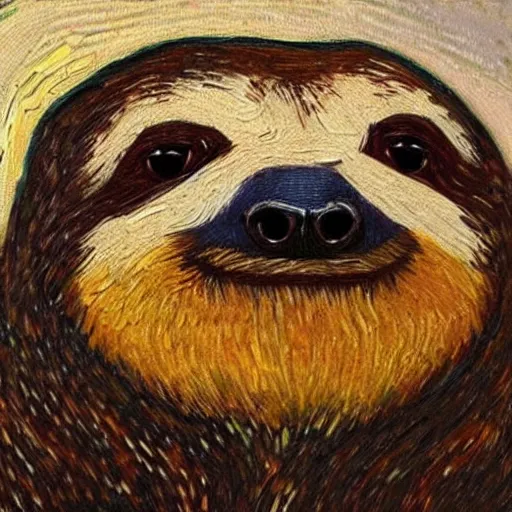 Image similar to a beautiful oil painting of a sloth's face in the style of van Gogh