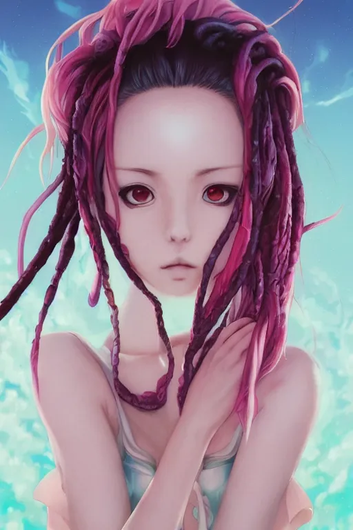 Image similar to portrait of an anime manga girl with white snake dreads, straight on portrait, by artgerm, james jean, tom bagshaw, gerald brom, vaporwave colors, lofi colors, vaporwave, lofi, goth vibe, 4 k, smooth, hd, substance designer render, full body character concept art, symmetrical,