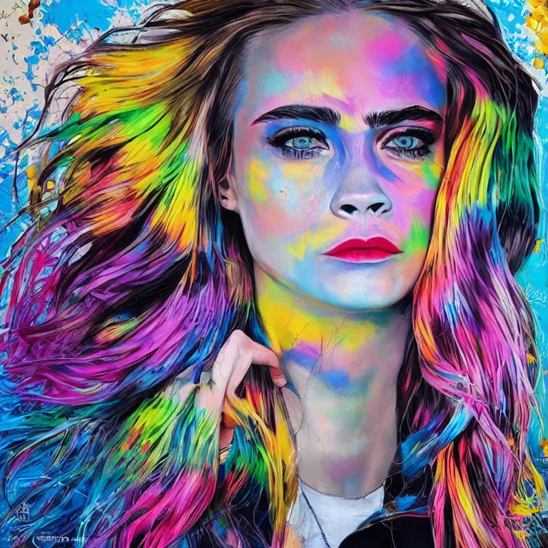 Prompt: Street-art portrait of Cara Delevingne in style of Eduardo Kobra, photorealism, elegant woman