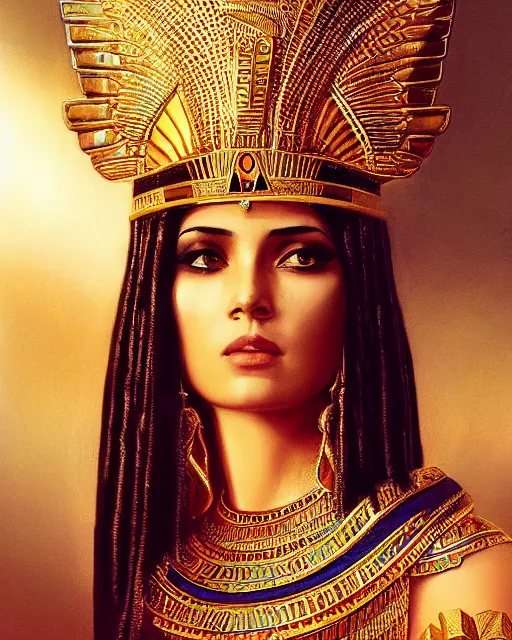 Image similar to Jessica Kahawaty as a beautiful egyptian princess, gorgeous, portrait, Symmetrical, powerful, intricate, beautiful, masterpiece, elegant, volumetric lighting, highly detailed, artstation, sharp focus, no cropping, illustration, Jean-Leon Gerome , ruan jia