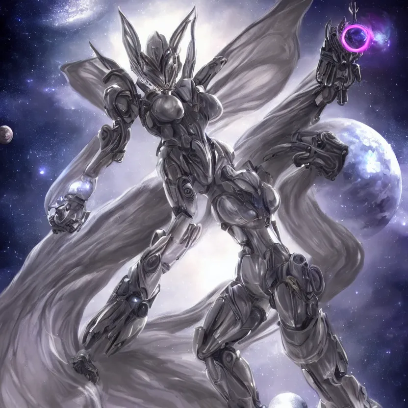 Image similar to goddess shot, galactic sized stunning beautiful anthropomorphic robot mecha female dragon, in space, larger than planets, holding the earth, the earth a mere marble in her claws, detailed silver armor, epic proportions, epic scale, detailed digital art, ultra detailed, furry, macro art, dragon art, giantess, warframe fanart, furaffinity, deviantart, realistic